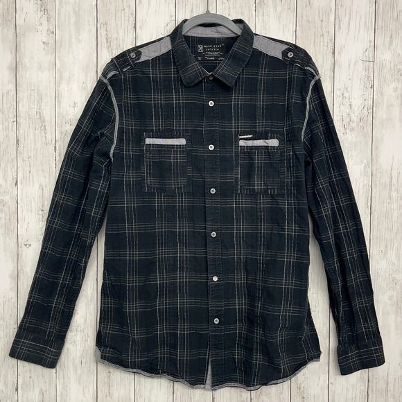 Mark Ecko Cut & Sew Long Sleeve Black Plaid Biker Preppy Button Down Shirt XL - Picture 1 of 9